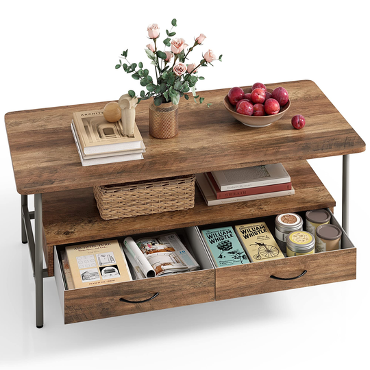 Coffee Table for Living Room, Modern Rectangle Wood Central Table with 2 Drawers, Metal Frame and Wooden Finish Board