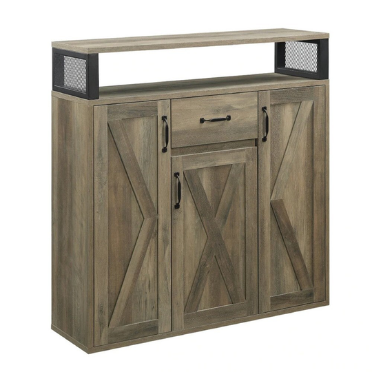 39 Inch Wood Sideboard Buffet Cabinet, 3 Barn Style Doors, Rustic Oak - 12 L x 39 W x 40 H, in inches