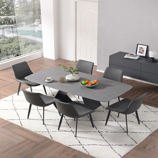 71"Modern Dining Table, Gray Sintered Stone Tabletop Dining Table with Carbon Steel Base, For Up To 8