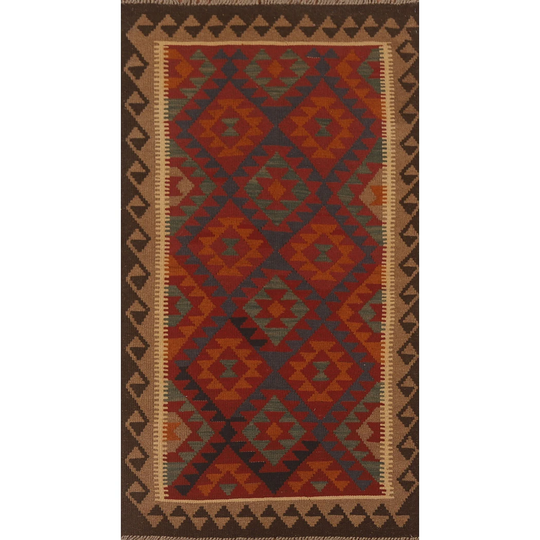 Reversible Geometric Kilim Area Rug Flat-weave Multi-Color Wool Carpet - 3'7" x 6'8"
