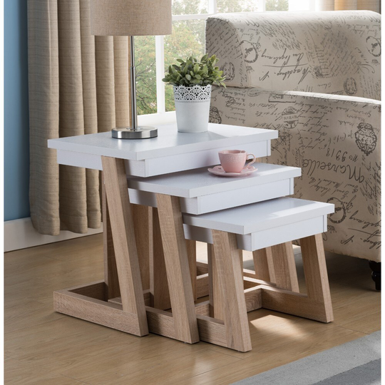 3 Piece Wooden Nesting End Tables, White and Brown - n/a