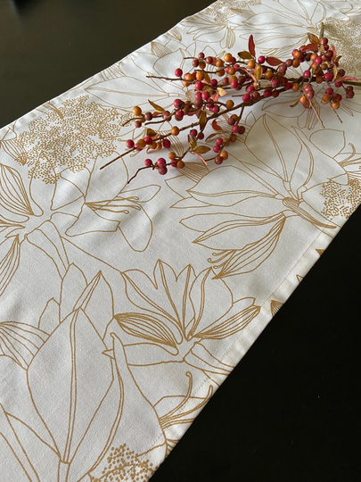 Golden Flower On White Table Runner Cotton