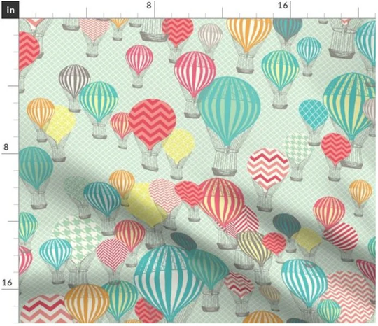 Patterned Hot Air Balloons Fabric By The Yard | Retro Transportation Flight Blimp Flying Machine Balloon Rides Custom