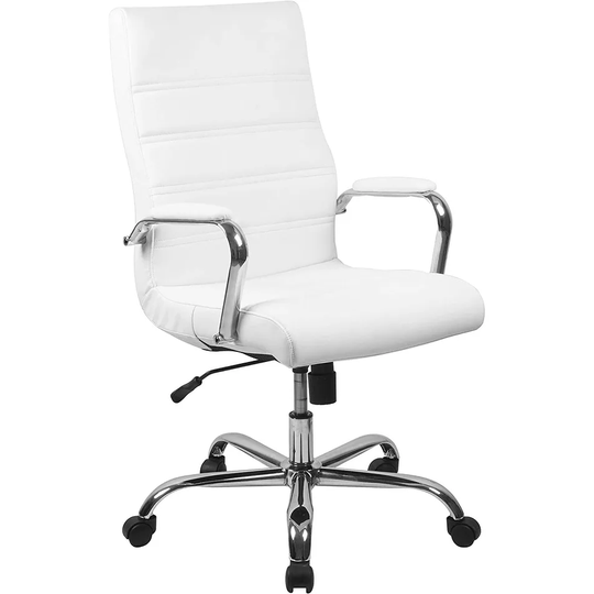 High Back Desk Chair - White LeatherSoft Swivel Office Chair with Chrome Frame - Swivel Arm Chair