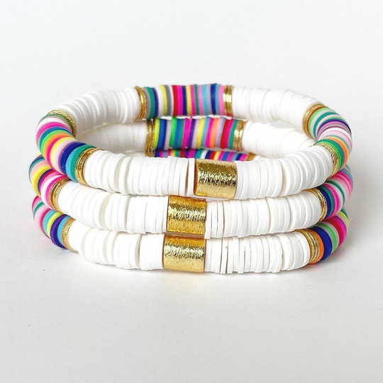 Carnival - Color Block Heishi Disc Bracelet // White & Rainbow Jewelry Mix Match Lightweight Trendy Stack