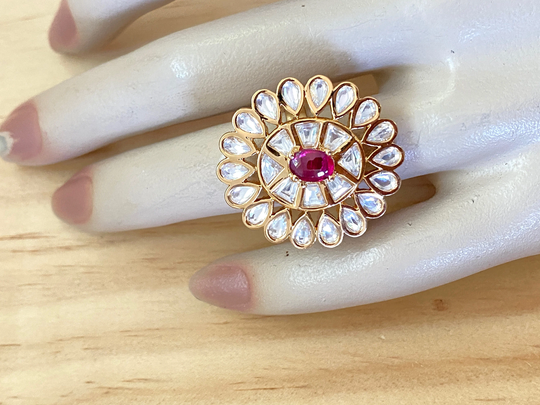 Ruby Color Gold Plated Kundan Finger Ring, Aqua Ring With Meenakari, Mint Adjustable Mehandi Plating