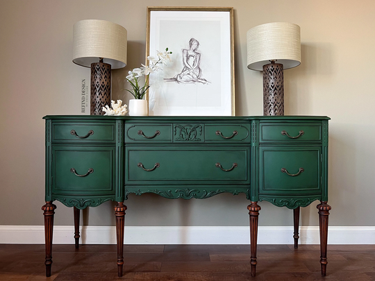 Sold-Victorian Buffet, Green Modern Sideboard, Traditional Dining Room Storage, Solid Wood Cabinet, Chalk Painted, Credenza, Entertainment