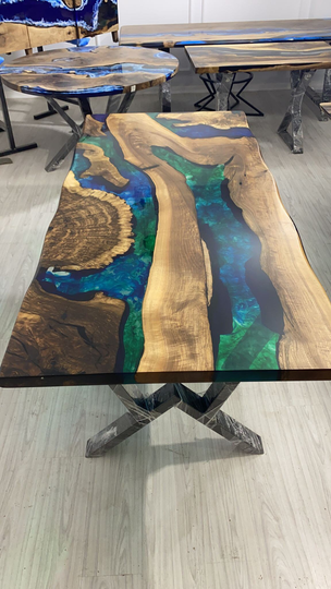 Walnut Dining Table, Epoxy Custom 78" X 36" Blue, Turquoise, Green For Trevor