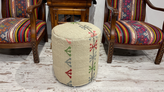 Ottoman Handmade Beige Round Pouf Chair Vintage Modern Kids Adult Boho Floor Decorative Minimalist Turkish 18x18 Inches