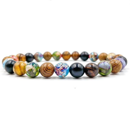 Premium Handmade Natural All Mixed Up Mala Bead - Spring Breeze Edition 8mm Wood & Gemstone Beaded Bracelet For Mediation, Yoga, Wellness