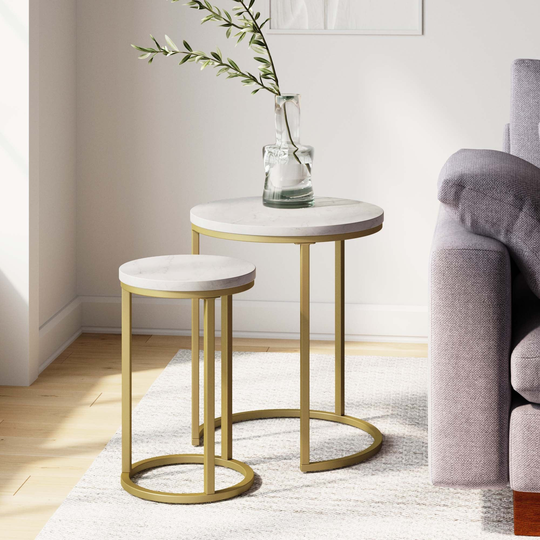 Nathan James Lula Tabletop with Metal Base Industrial Nested Round End Table Set of 2