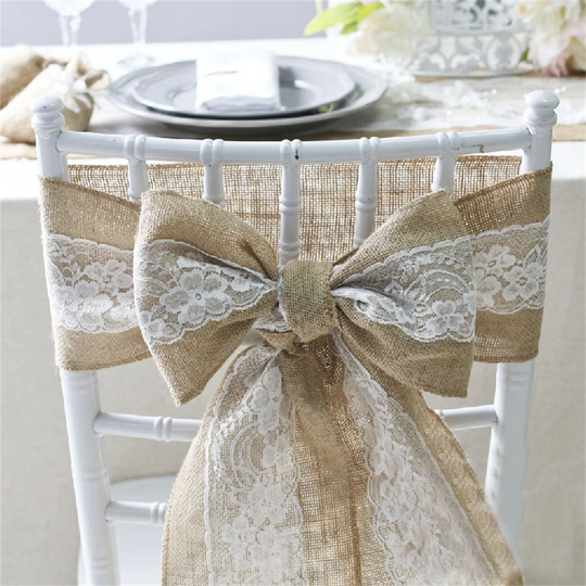 Burlap Wedding Chair Sash With Lace-6"95" Burlap Decorations-Burlap Bow Cover-Hessian For Party