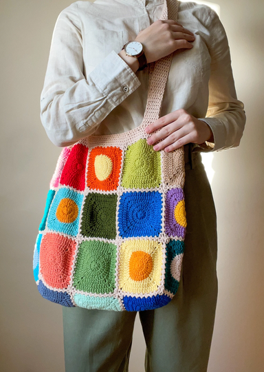Crochet Colorful Polka Dot Tote Bag, Circle Granny Square Shoulder Cotton Hippie Xl Valentine's Day Gift, Ready