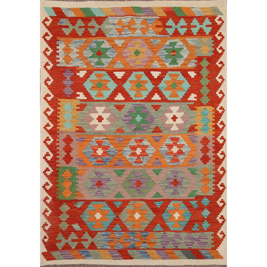 Colorful Geometric Kilim Area Rug Reversible Flat-weave Wool Carpet - 5'0" x 6'5"