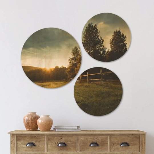 Designart 'Beautiful Sunrise in the farm' Landscape Wood Wall Art Set of 3 Circles - Multi-Color