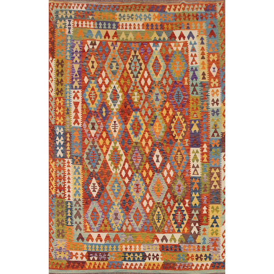 Flat-weave Kilim Oriental Area Rug Geometric Multi-Color Wool Carpet - 8'3" x 11'2"
