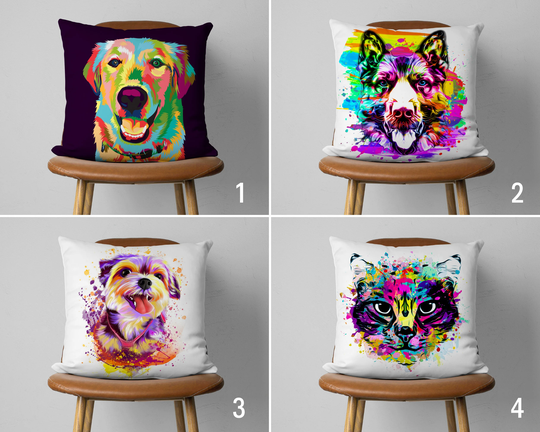 Colorful Dogs & Cat Portrait Art Pillow Cover, Cute Dog Illustration Case, Animal Cushion Vivid Colored Gift For Pet Owner