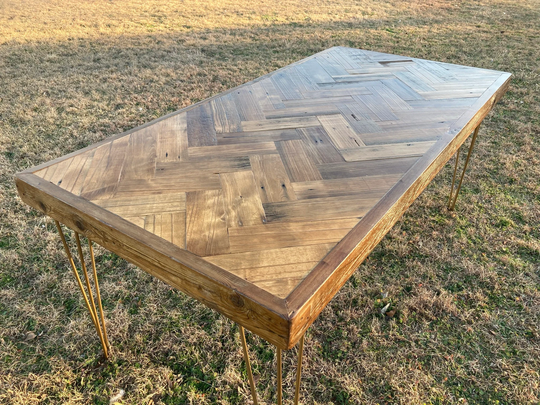 Reclaimed Wood Herringbone Dining Table On Gold Hairpin Legs - The Goddess