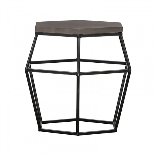 Hexagonal Concrete End Table with Metal Base, Gray and Black - 23 H x 22 W x 22 L Inches