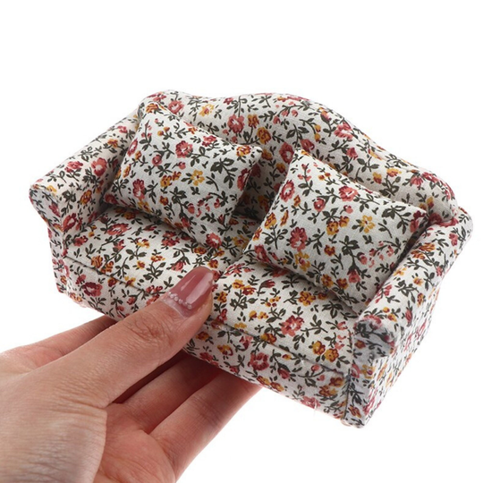 Dollhouse Miniature Floral Striped Sofa Living Room Garden Double Chair Double-Seat Cushion Pillow Decor