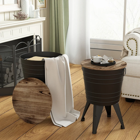 Farmhouse Rustic End Table Set, Storage Side Tables w/Round Wood Lid - Set of 2