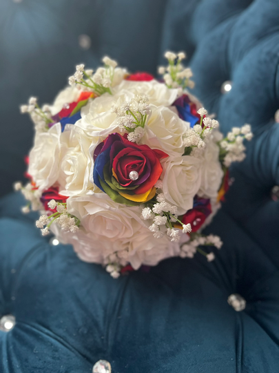 Rainbow Wedding Bouquet, Mix Colors Roses Bridal White Red Blue Yellow Purple Baby's Breath Bling Bouquet