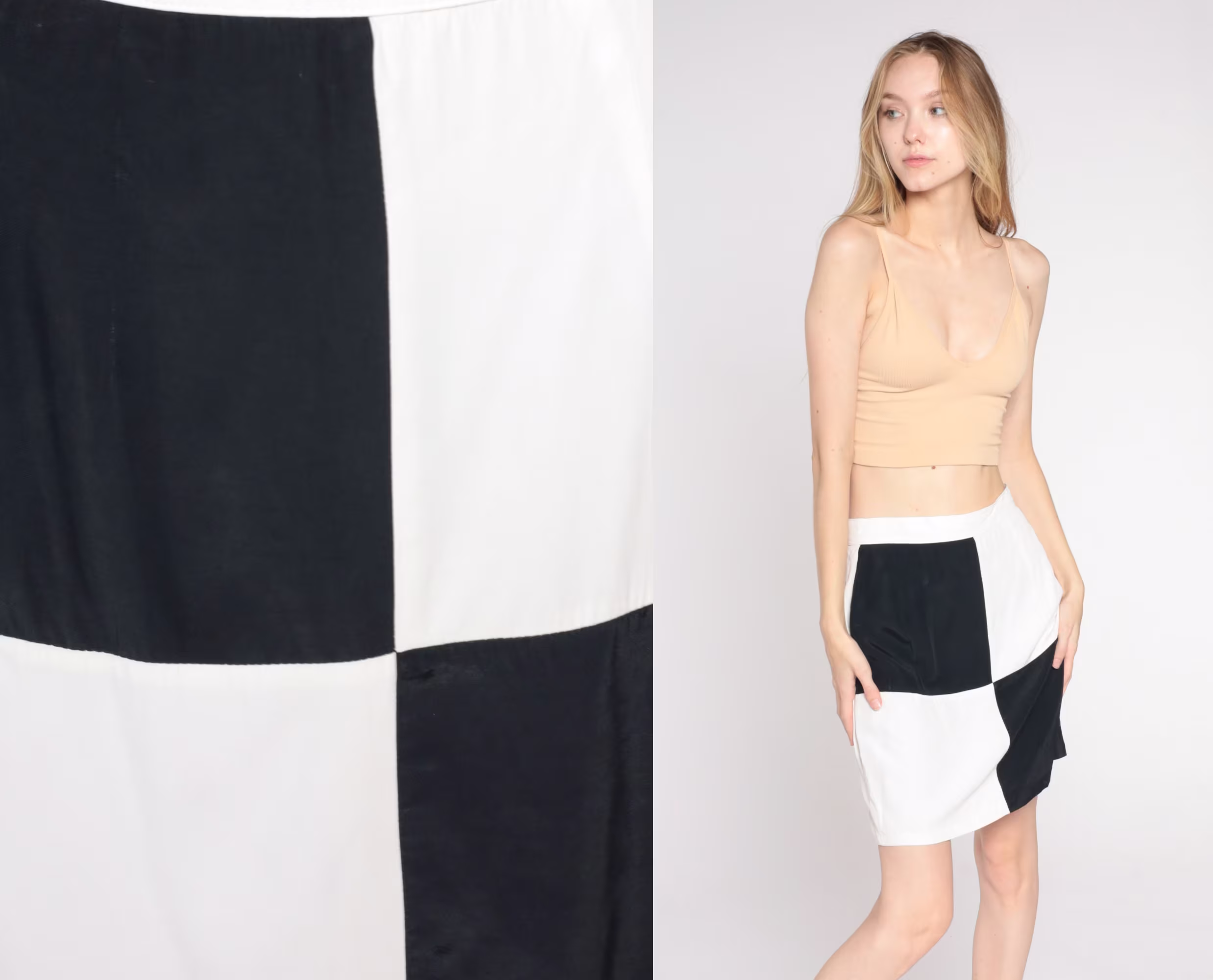 Checkered Pencil Skirt 80S Black White Mini Retro Checkerboard Print Mod Wiggle High Waisted Party Vintage 1980S Extra Small Xs 2