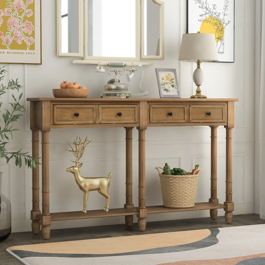 Classic Accent Console Table with 2 Storage Drawers, Bottom Shelf, Elegant Tapered Legs and Round Knobs Deco, Old Pine