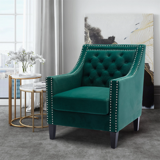 Accent Armchair Curved Edges Living Room Chair Velvet Thicken Padded Seat with Nailheads and Solid Wood Legs