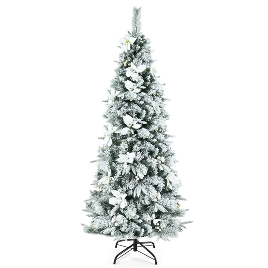6 Feet Snow Flocked Christmas Pencil Tree with Berries and Poinsettia Flowers - 6 Feet