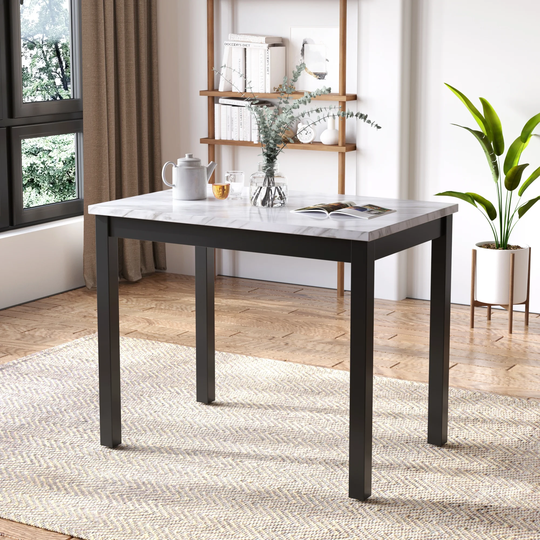Contemporary Wooden Faux Marble Counter Height Dining Table for Small Places, Faux Marble White Top+Black Legs
