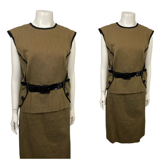 1960S Sleeveless Suit Dress Set/Brown Belted Blouse & Pencil Skirt Women's Medium