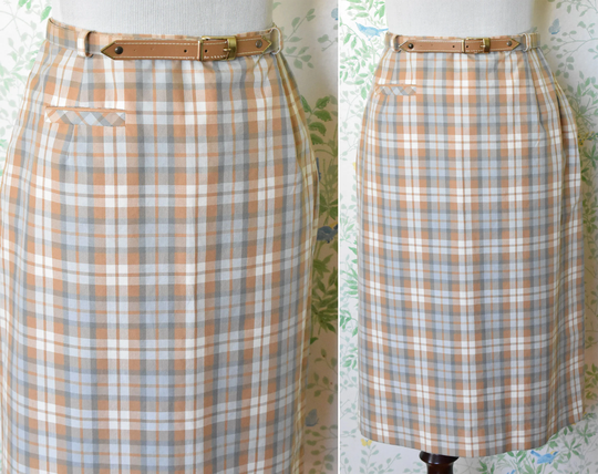 Brown Sugar 1950's 60's Vintage Grey + Light Plaid Cotton Pencil Skirt with Belt // Size Small Waist 27" By Bobbie Brooks