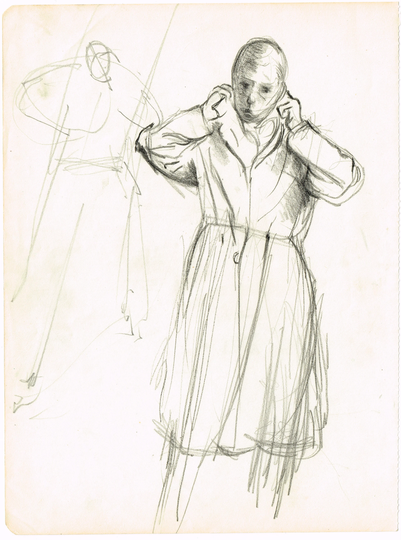 2 Antique Vintage Original 1950S, Pencil Sketch Picture Of Ladies in Coats By Edmund Hartley, The Thanet Art School, Margate, Society 67