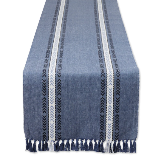 108" French Blue Striped Fringe Ribbed Table Runner