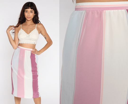 striped Pencil Skirt 80S Wiggle Purple High Waisted Midi Retro Vintage Secretary Silky 1980S Sasson Small
