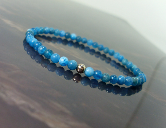 Natural Blue Apatite Bracelet 4mm With Sterling Silver Bead, Dainty Genuine Gemstone Beaded For Women Or Girl, Her + Gift Bag