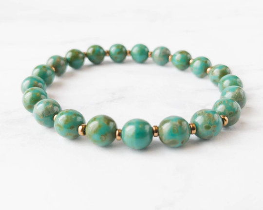 Turquoise Picasso Glass Bead Bracelet | Round Beaded Firepolished