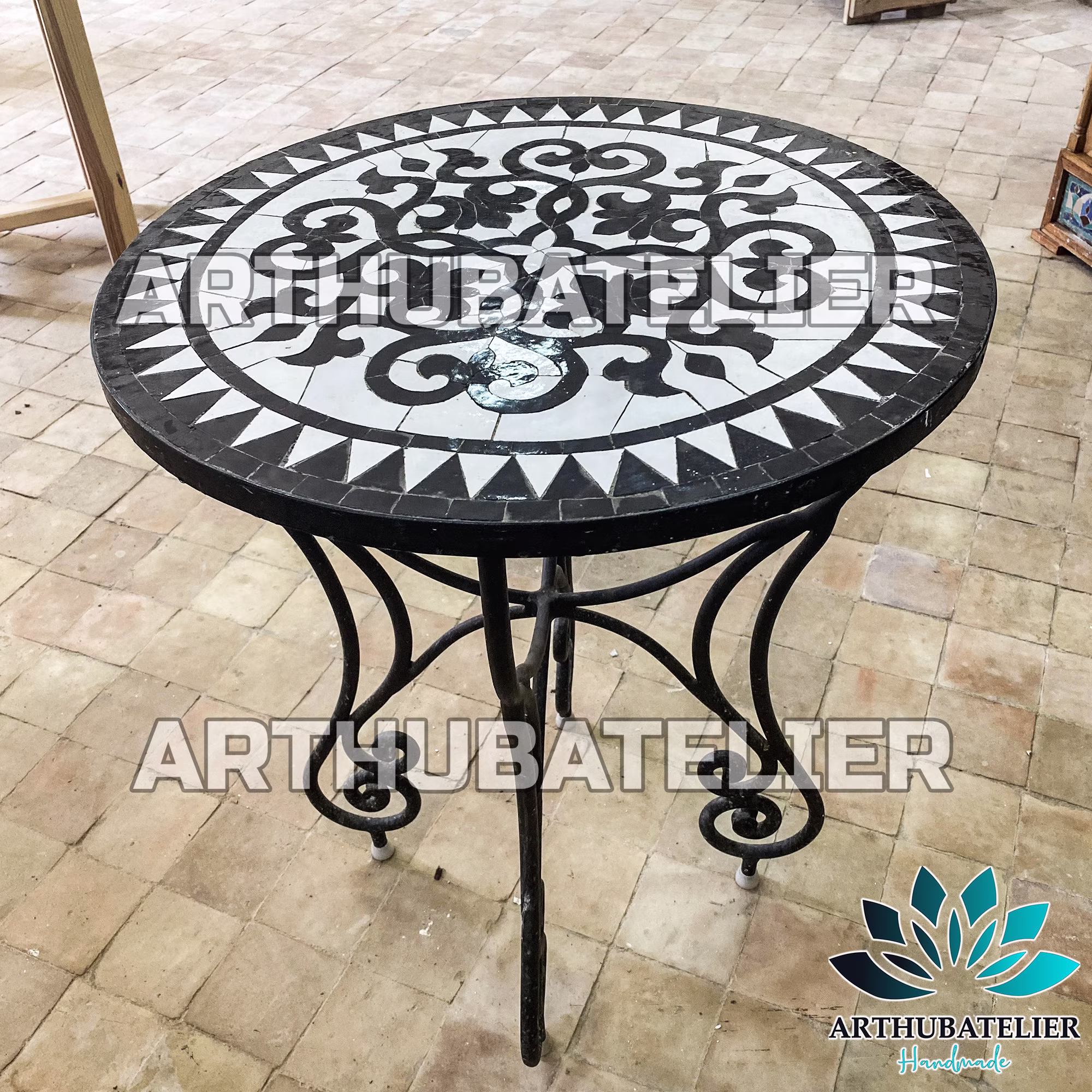 Mosaic Table, Moroccan Black/White Round Table, Outdoor-Indoor 100% Handcrafted, Free Shipping