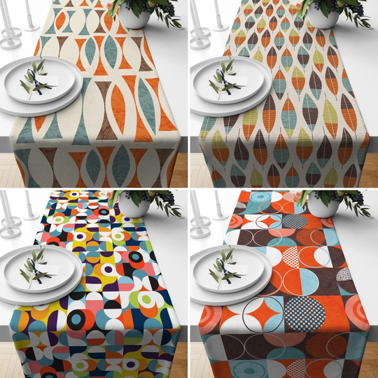 Modern Abstract Table Runner, Colorful Geometric Orange & Blue Tablecloth, Mid Century Decor, Housewarming Gift, Gift For Her