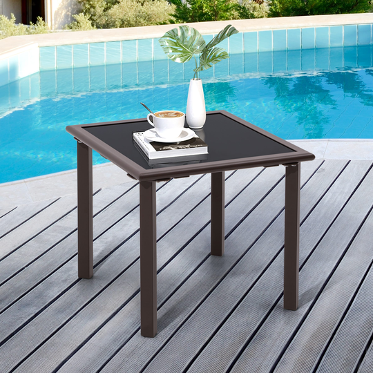 Outdoor Furniture Patio Metal Side/End Table Tempered Glass Top Square Coffee Bistro Table - 17.7" L x 17.7" W x 15.75" H