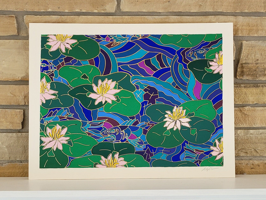 Large 1992 Alex Echo Serigraph Of Waterlilies & Fish in Pond Pencil Signed By Artist -Modern Art Pop Bold Bright Color Ready To Frame
