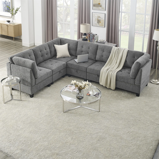 L Shape Modular Sectional Sofa w/ 3 Single Chair and 3 Corner