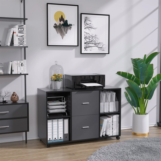 Wood Filing Cabinet 2 Drawer 4 Open Storage Cabinets Wheels Black