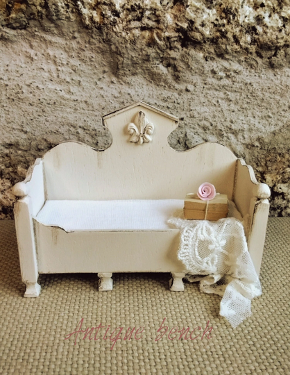 Miniature Antique Bench Sofa, Dollhouse Daybed, 112, Furniture White French, Dollhouse Gustavian Bench