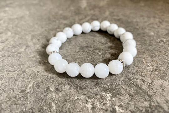 Moonstone Howlite Crystal Beaded Bracelet, Jewelry, Mala Women's Gift
