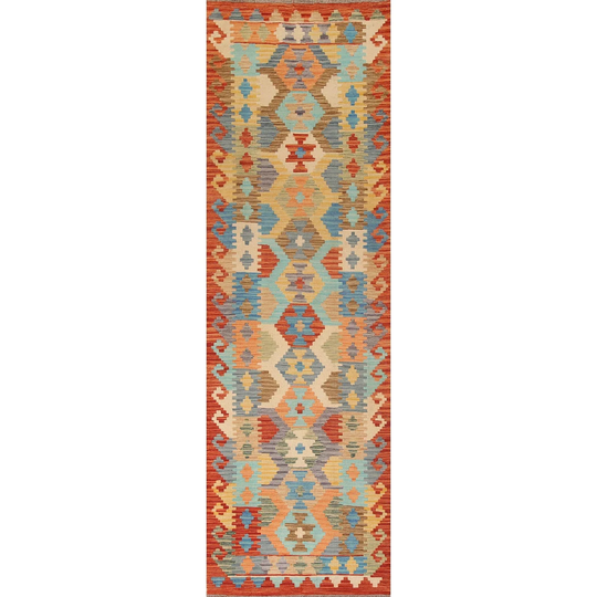 Multi-Color Kilim Reversible Runner Rug Hand-woven Hallway Wool Carpet - 2'8" x 9'6"
