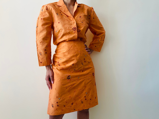 Vintage Silk Orange Skirt Set | Pencil Skirt, Button Down Blouse, Embroidered Suit