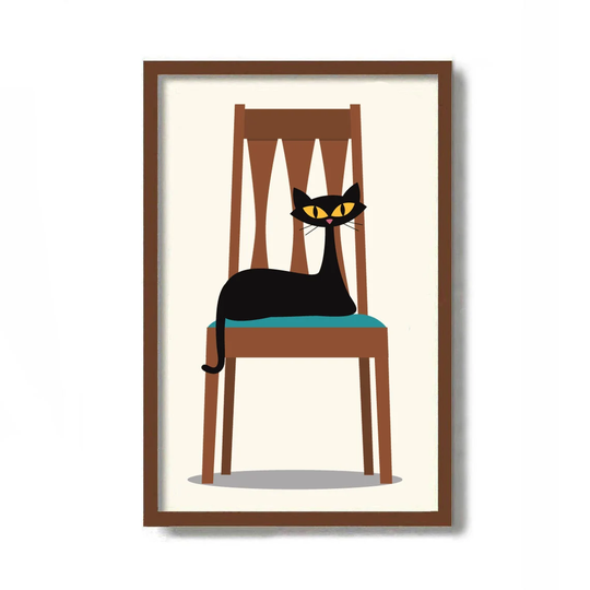 Mid Century Modern High Back Chair, Black Cat Art Print, Lover Gift, Danish Modern, Mom Dining Room Decor