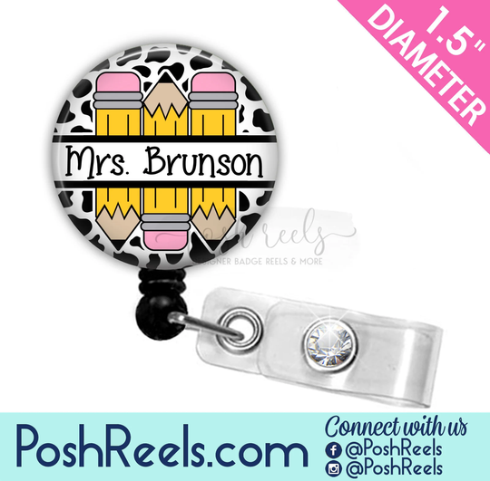 Teacher Badge Reel Holder - Retractable Cow Print Pencil Lanyard Lanyard, Carabiner 2299